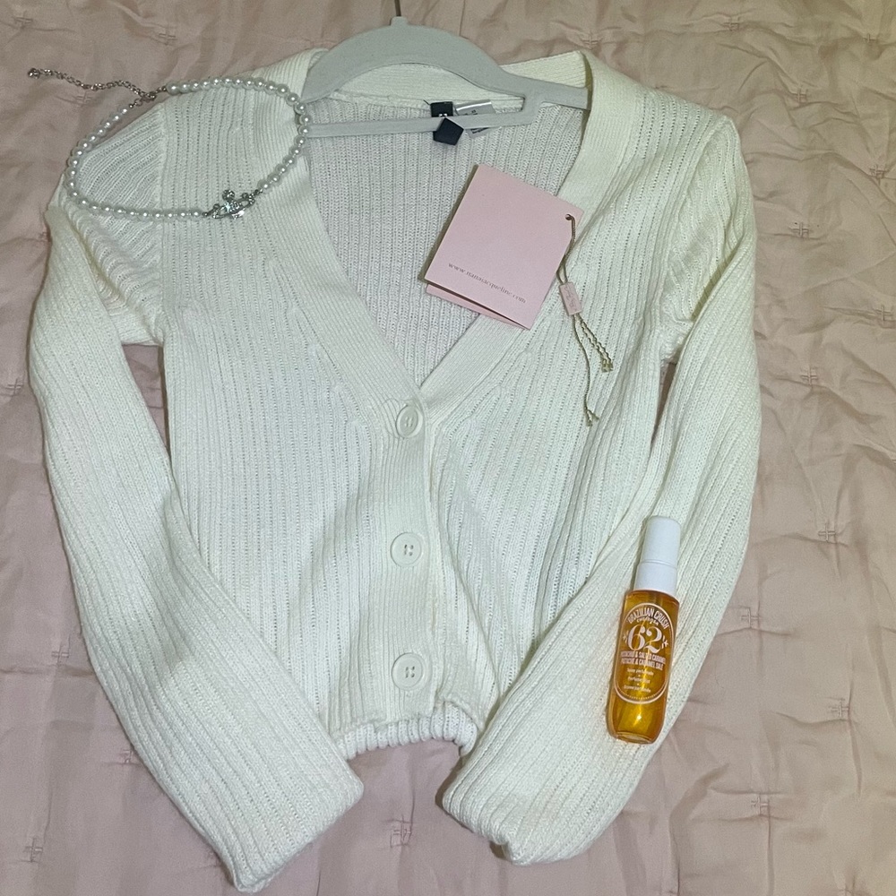 NEW Divided Coquette Core Button Up Ribbed White Sweater